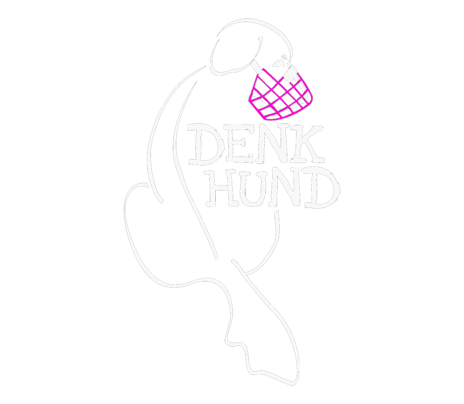 Logo von Denk Hund: ein über die Schulter schauender Hund mit Maulkorb