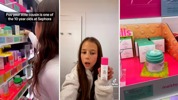 Скрийншот от репортаж на CBC, показващ 10-годишно момиче в магазин Sephora, което разглежда продукти на Drunk Elephant. Текстът гласи: „POV your little cousin is one of the 10 year olds at Sephora“. Снимката илюстрира дебата за децата и скъпата козметика.