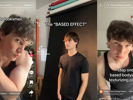 Колаж от три кадъра от TikTok видео на тема how to looksmax и The BASED EFFECT. Млад мъж показва стъпки за стилизиране на косата с текстурираща пудра, илюстрирайки практиките за softmaxxing и подобряване на външния вид в социалните мрежи.