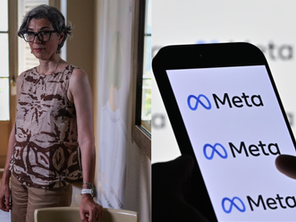 Колаж с Ирене Роджеро Угес и логото на Meta – първото колективно съдебно дело в Италия срещу социалните мрежи след смъртта на дъщеря ѝ.