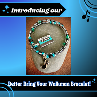 Wear our beautiful teal and gunmetal gray beaded bracelet with cassette tape!