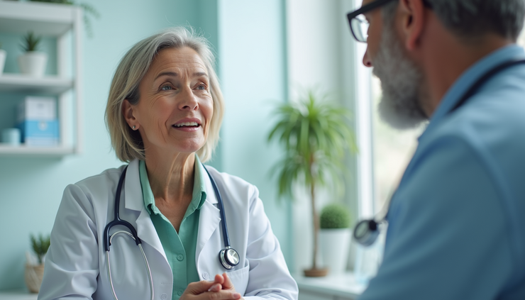 Eye-level view of a middle-aged woman consulting with a healthcare professional in a bright clinic room