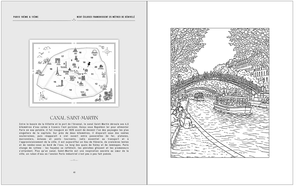 Double page NOMAD Paris : le canal Saint-Martin à colorier