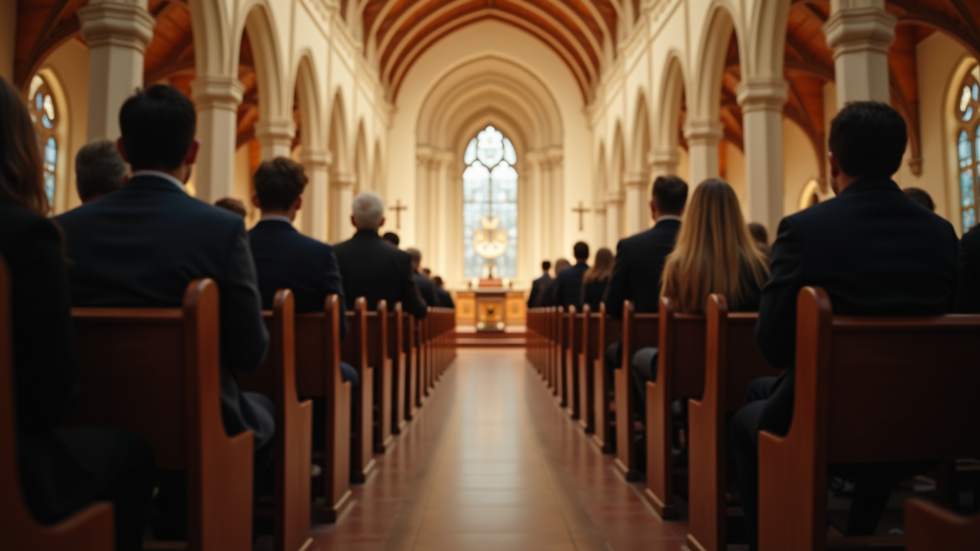 Eye-level view of a church interior with a congregation listening to a sermon
