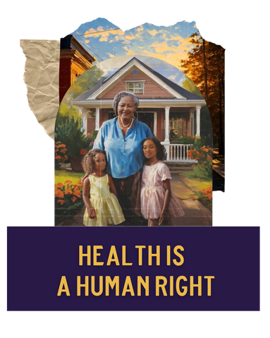 A grandmother stand in front of her home, with her two grand daughters on either side of her