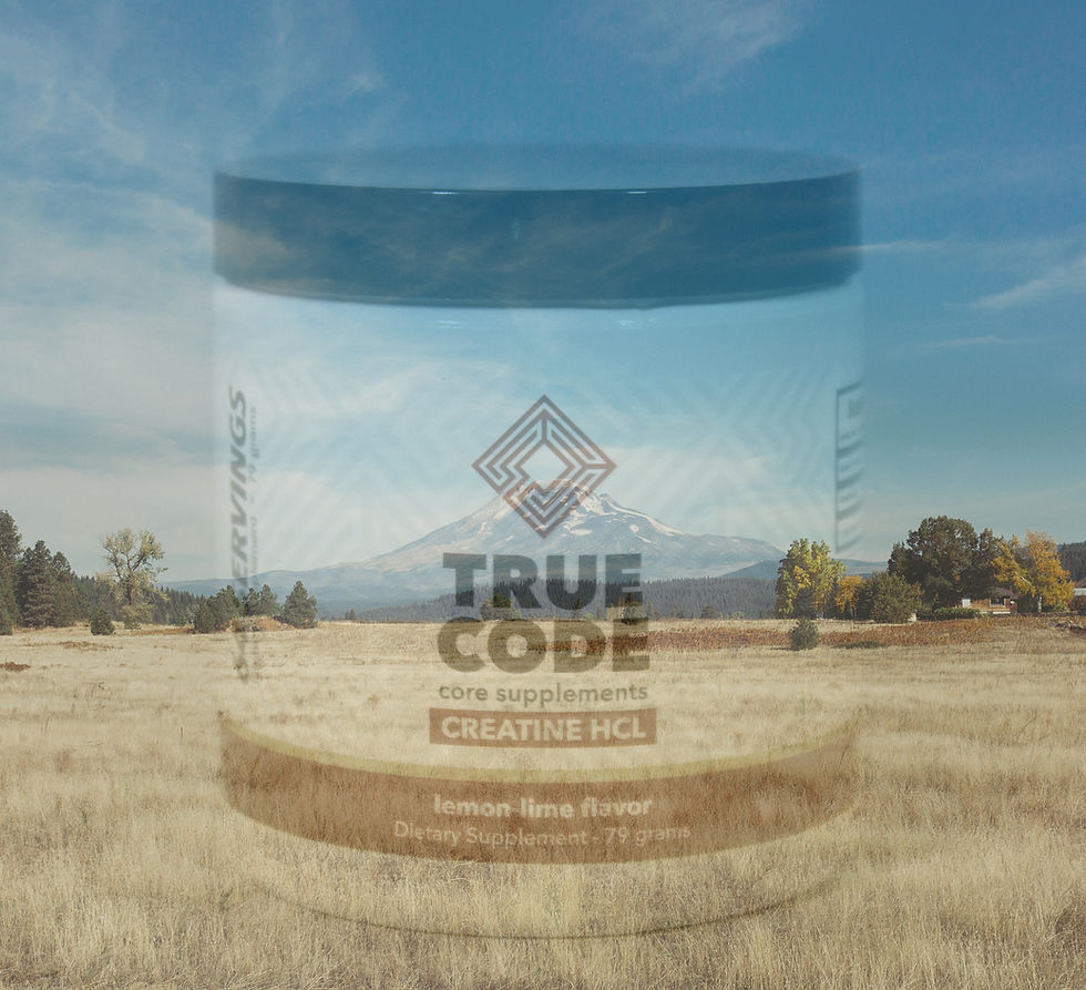 True Code Creatine HCl bottle that is transparent to a background of a grassy field and a mountain.