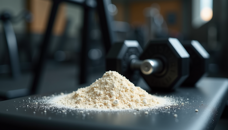 Eye-level view of a clear glass of water with creatine powder beside a dumbbell on a wooden gym bench