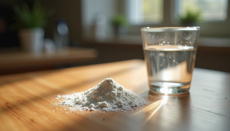 Eye-level view of a clear glass of water with creatine powder beside it on a wooden table