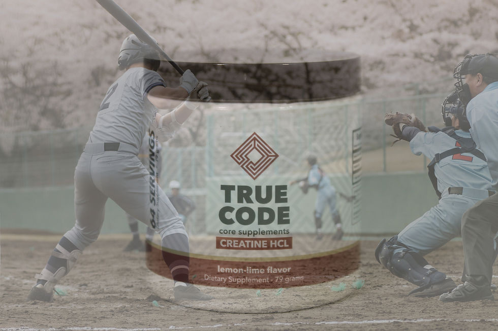 Baseball player batting in a game, overlayed with a creatine supplement jar labeled "True Code" with lemon-lime flavor.