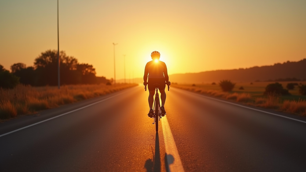 Eye-level view of a cyclist on a long road during sunrise