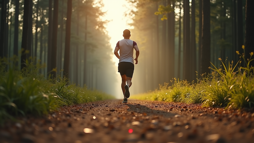 Eye-level view of a runner on a trail surrounded by trees