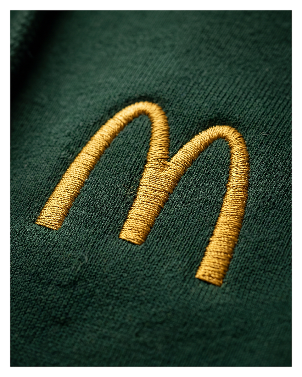 Photo en gros plan du Logo Mc Donald's brodé sur un sweat-shirt personnalisé à Rouen par l'agence Offset