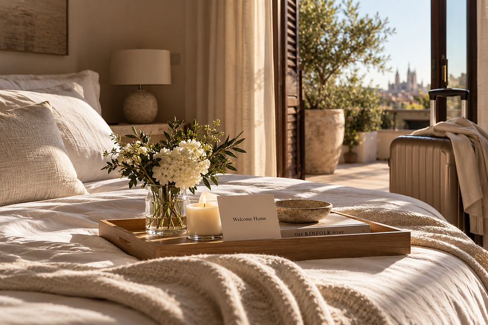 Prepared home interior with flowers and welcome details for a personalised return