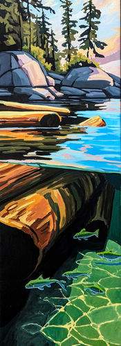 Original drift log paining in British Columbia coastal waters by Canadian artist Andrea Fryett