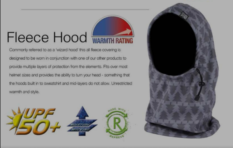 Technical product board for fleece hood with warmth rating and performance features by Hannah Hornbein