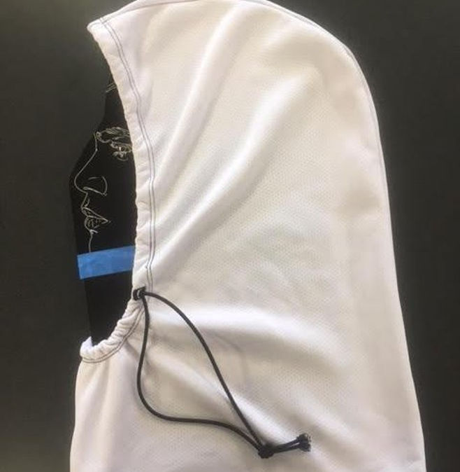 Hood garment construction detail showing seam and fit of performance apparel designed by Hannah Hornbein