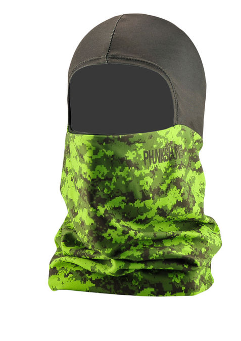 Performance neck gaiter product sample in green camo textile designed by Hannah Hornbein