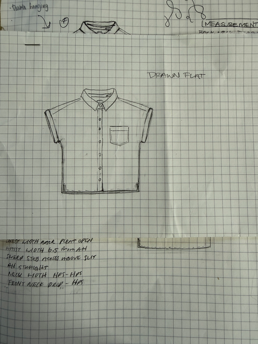 Pattern making diagram showing garment shaping and construction notes by Hannah Hornbein