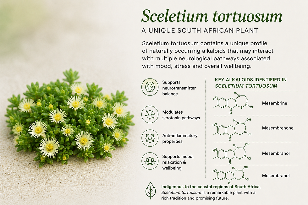 The unique alkaloid profile of Sceletium tortuosum continues to drive interest in Sceletium for mood support and emotional wellbeing.