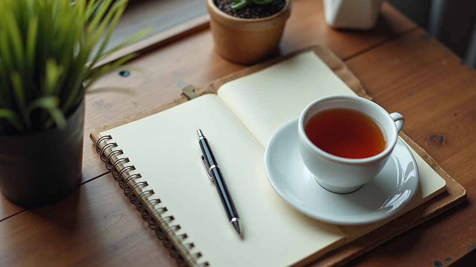 High angle view of a writer’s desk with a notebook, pen, and a cup of tea