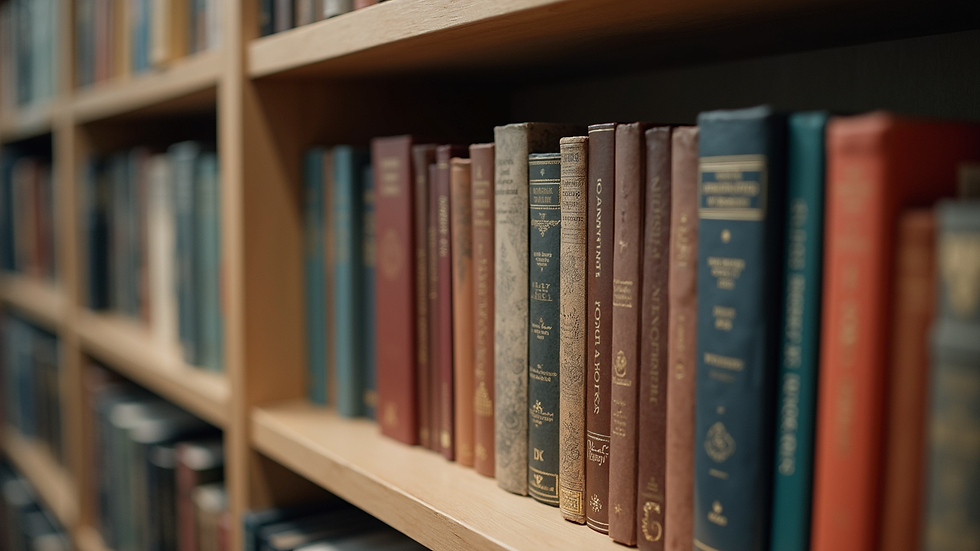 Close-up of a bookshelf with a mix of self-published and traditionally published books