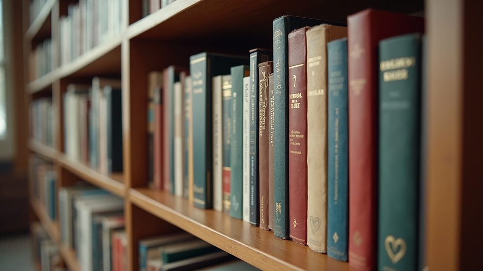 Close-up of a bookshelf filled with a mix of self-published and traditionally published books