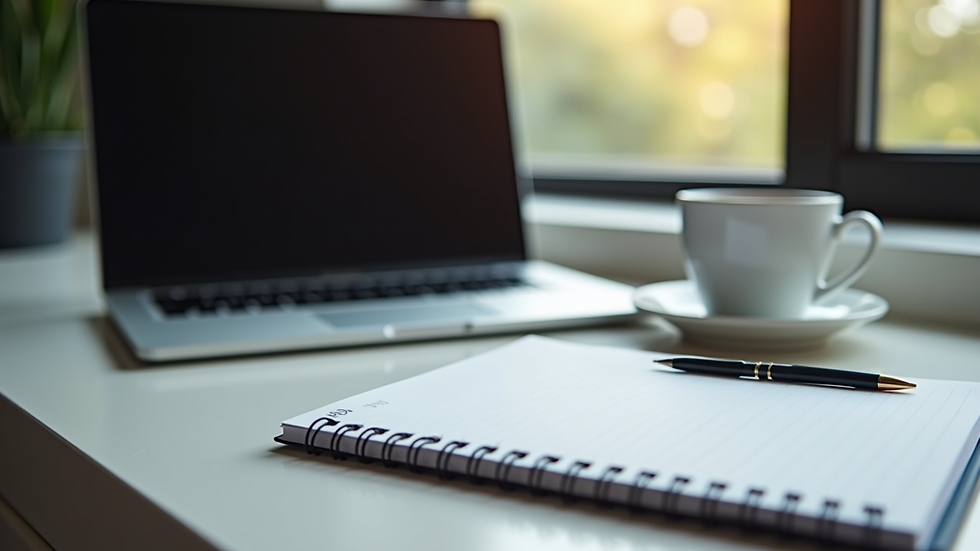 Close-up view of a notebook and coffee cup on a desk with a laptop in the background