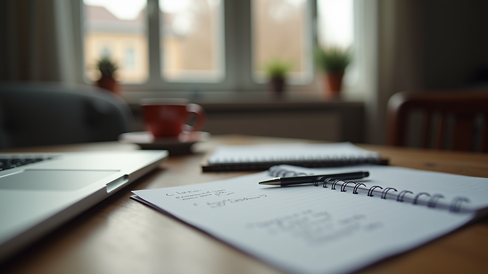 Eye-level view of a writer’s desk with a laptop, notebook, and coffee cup
