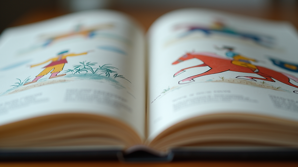 Close-up view of an open artbook showing colorful illustrations