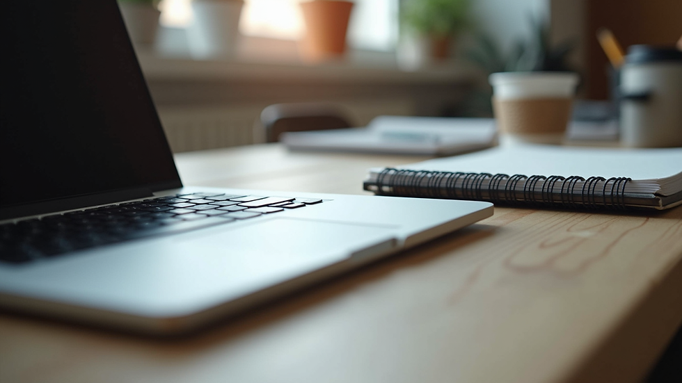 Eye-level view of a cluttered desk with a laptop, notebooks, and coffee cup