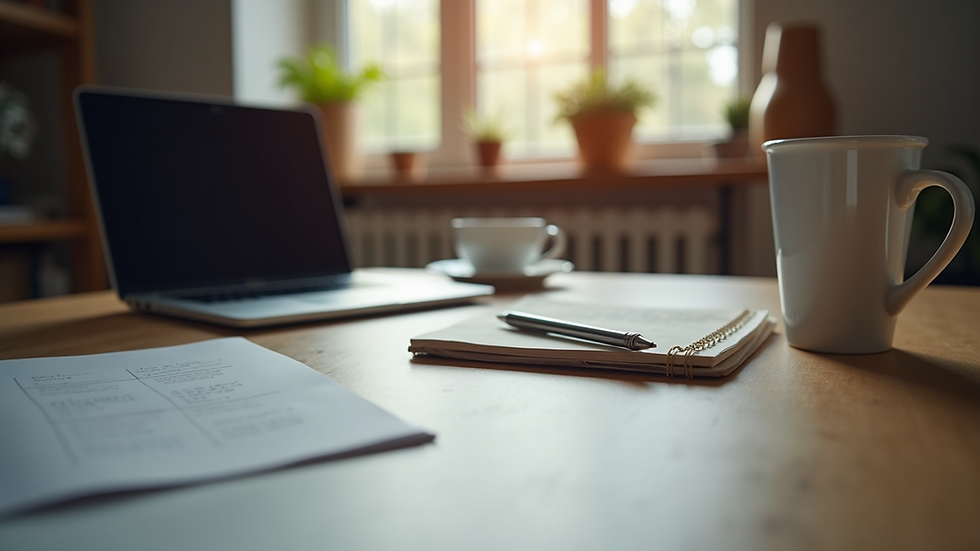 Eye-level view of a writer’s desk with a laptop, notebook, and coffee cup
