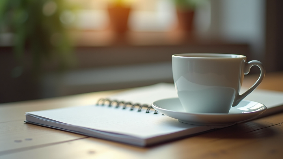 Close-up view of a notebook and coffee cup on a desk, symbolizing writing inspiration