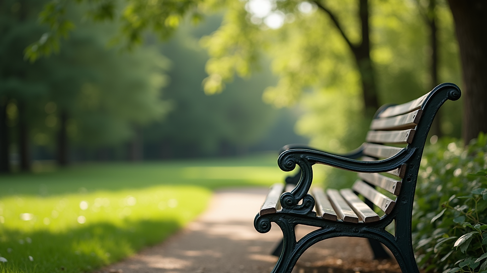 Close-up view of a serene park bench surrounded by lush greenery