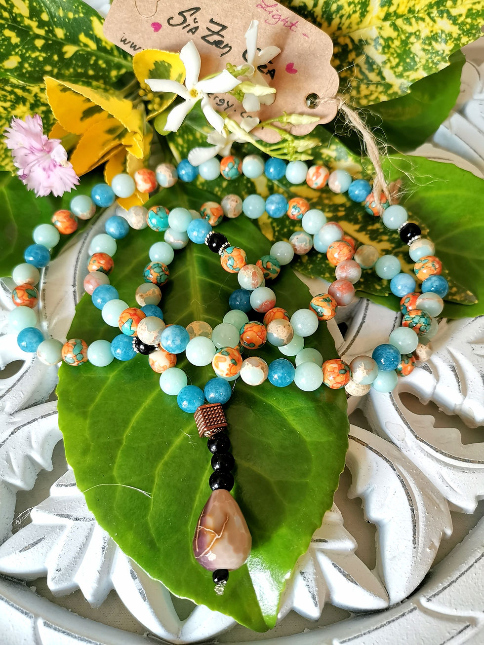 Miniature : Mala 108 perles Aquamarine & Amazonite