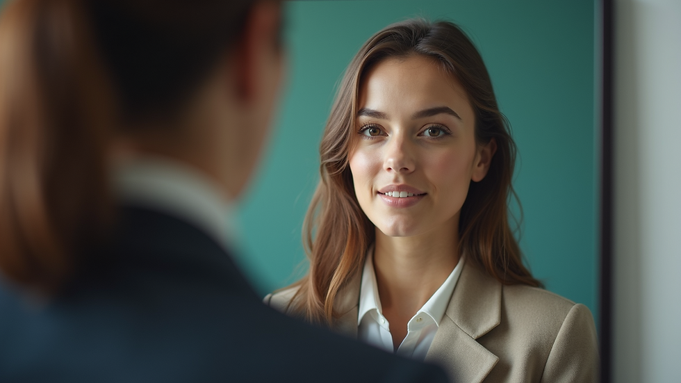 Eye-level view of a person practicing interview answers in front of a mirror