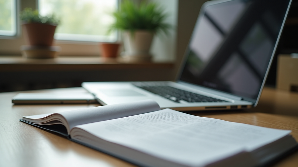 Close-up view of a desk with a laptop and career books