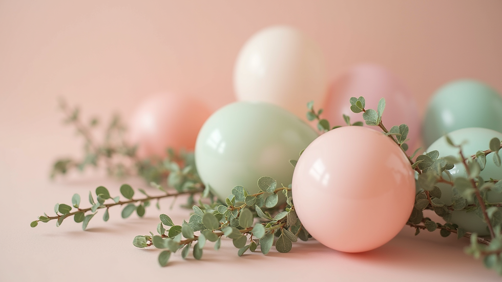 Close-up view of pastel organic balloon garland with greenery
