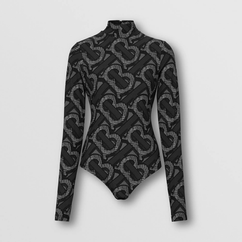 Black long-sleeve high-neck bodysuit with grey Burberry TB monogram pattern.
