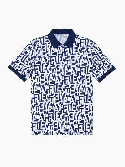 Folded white polo shirt with repeating navy 'AIGLE' pattern and cuffs on product flat-lay