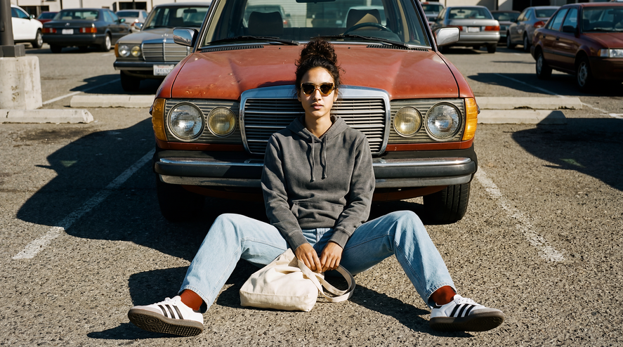 OneShot generated a fashion editorail campaign. a young lady sitting in front of the vintage mercendes benz E300.