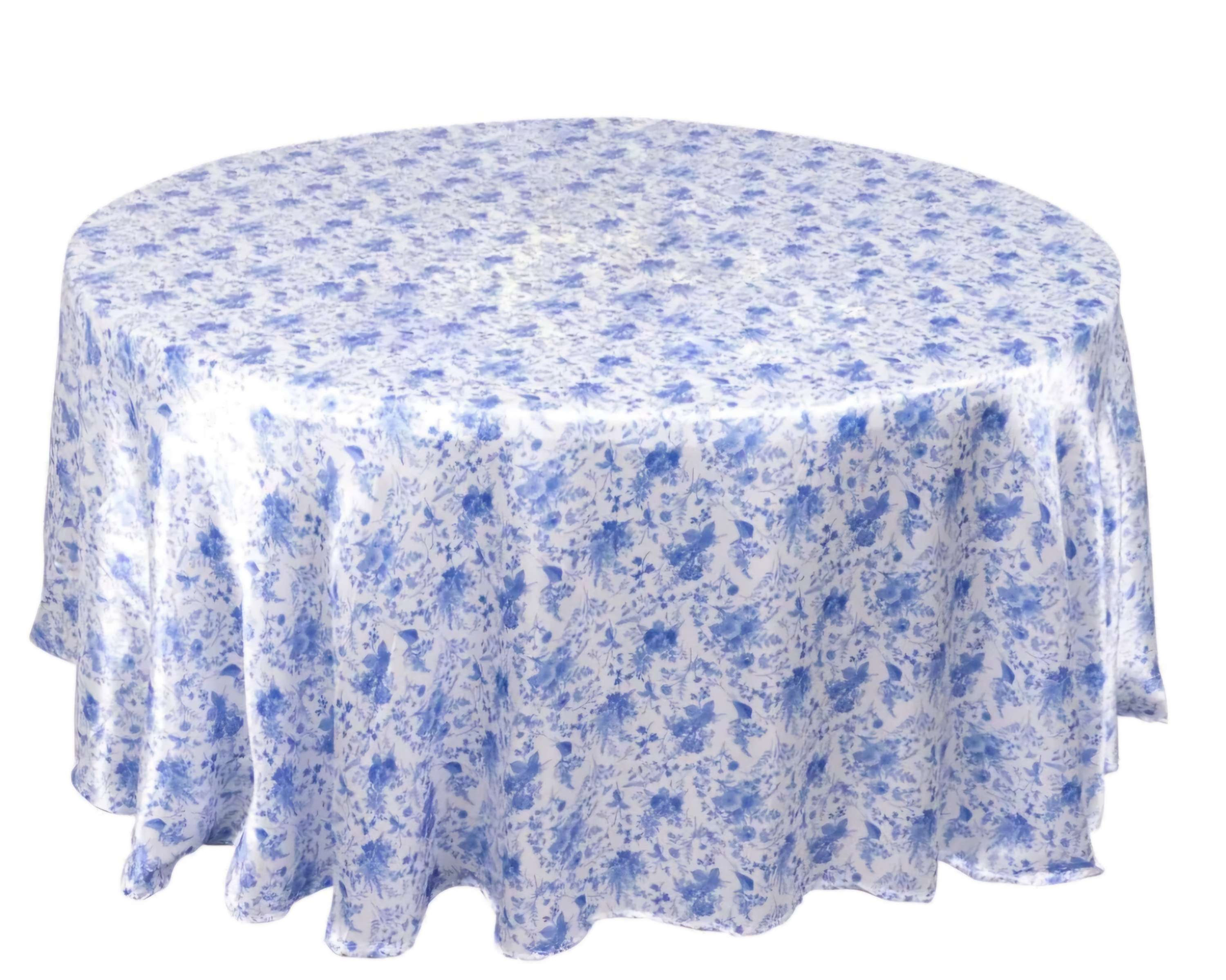White Blue Satin Round Tablecloth. 120"