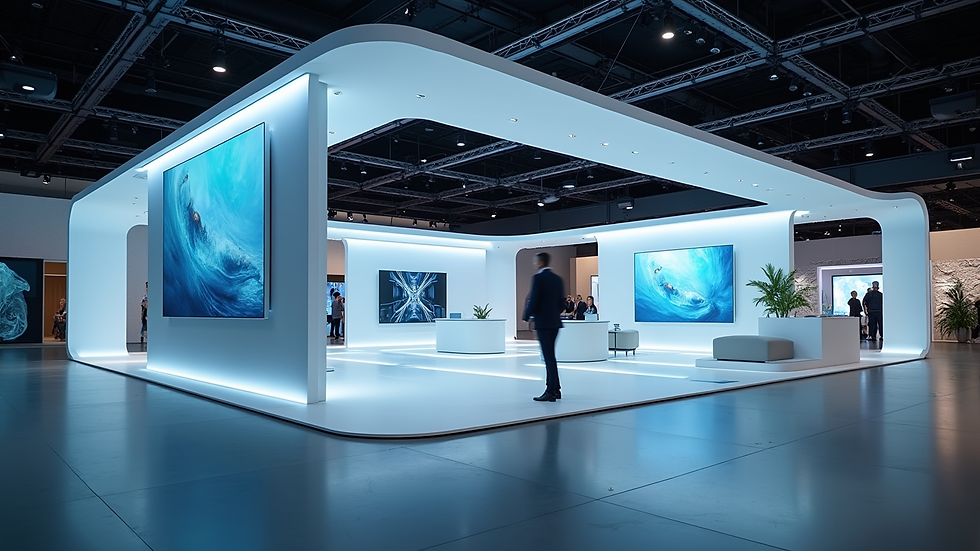 Eye-level view of a modern exhibition booth showcasing innovative technology
