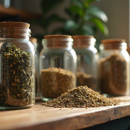 Raw herbs in glass jars
