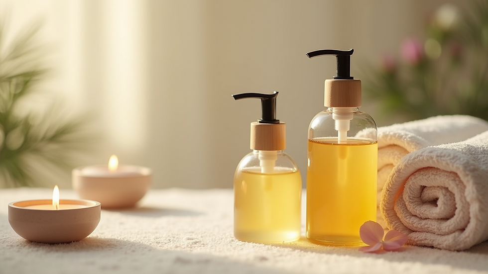 Close-up of soft massage oils in a calming setting