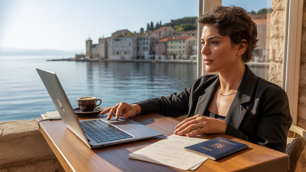 Profissional brasileiro trabalhando remotamente em café em Split, Croácia, com passaporte croata sobre a mesa, representando qualidade de vida.