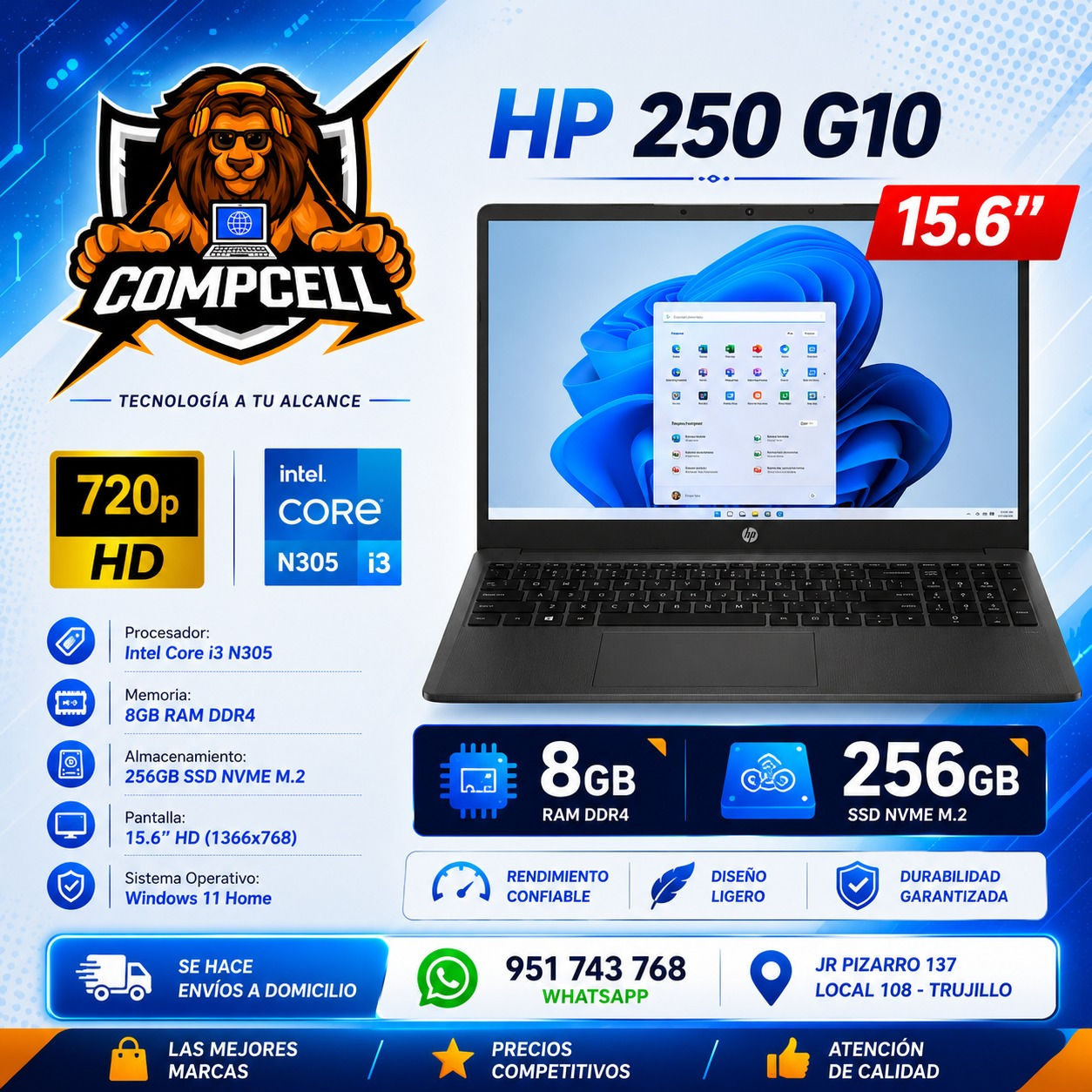 LAPTOP HP 250 G10, INTEL CORE I3 N305, 8GB RAM DDR4, SSD 256GB