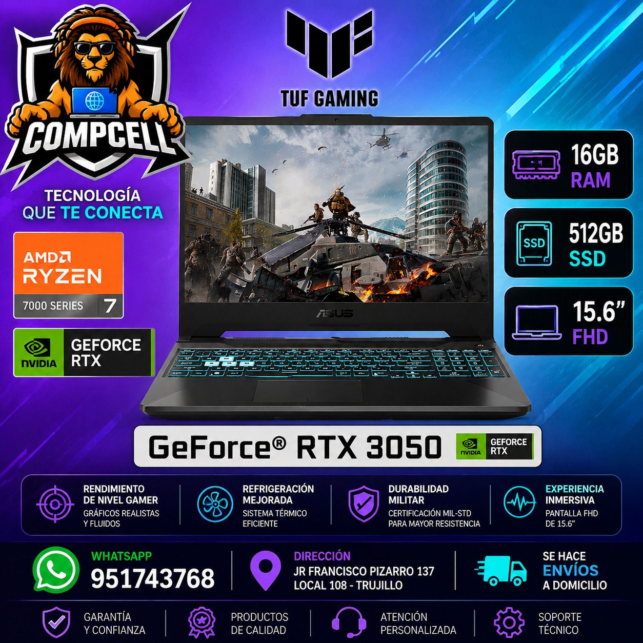 LAPTOP ASUS TUF GAMING, AMD RYZEN 7, 16GB RAM, SSD 512GB, RTX 3050