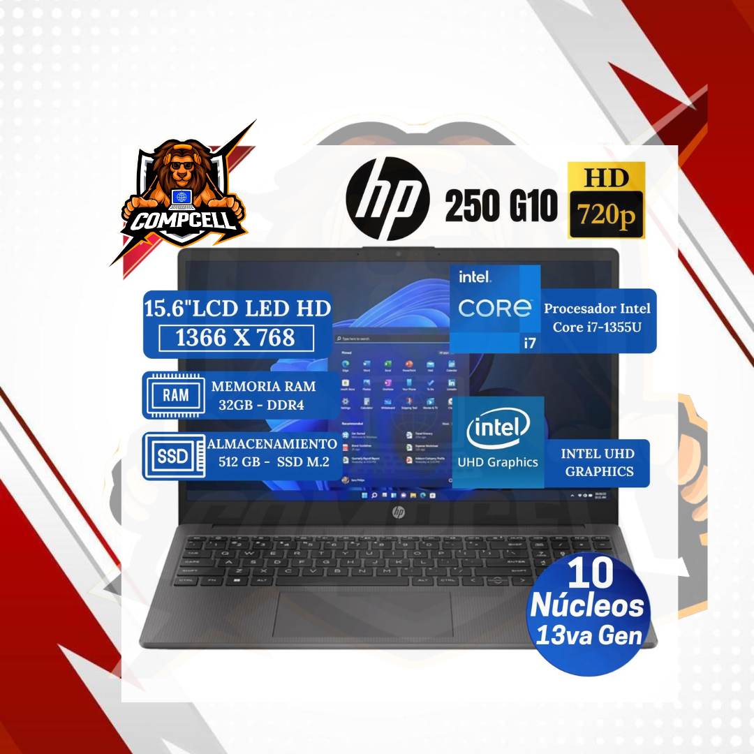 Laptop HP 250 G10 15.6" LCD LED HD, Core i7-1355U, 13va Gen, Ram 32GB, SSD 512GB