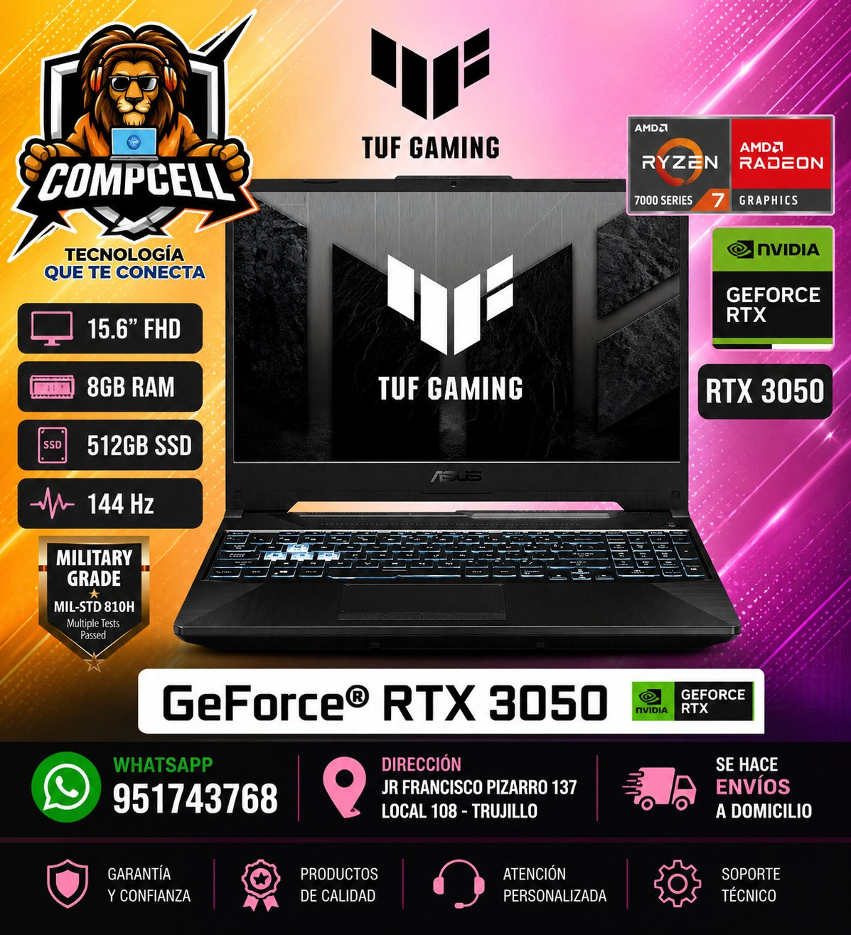 LAPTOP ASUS TUF GAMING, AMD RYZEN 7, 8GB RAM, SSD 512GB, RTX 3050