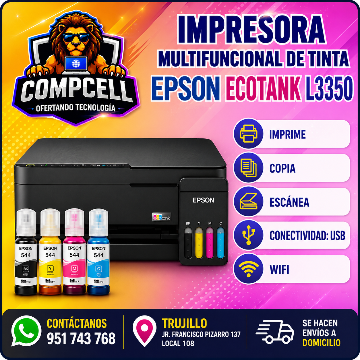 IMPRESORA MULTIFUNCIONAL DE TINTA L3350 IMPRIME COPIA Y WIFI